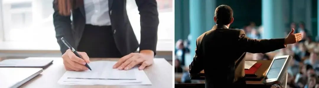 On the right side - Man publicly speaking and a woman planning on the left
