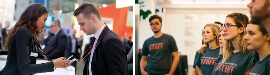 Staff assembly on the right during an event. On the left a man and a woman scanning ID