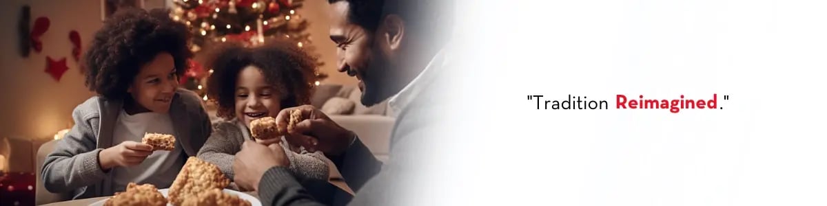 Text: "Tradition Reimagined" A family enjoying KFC chicken around a Christmas tree.