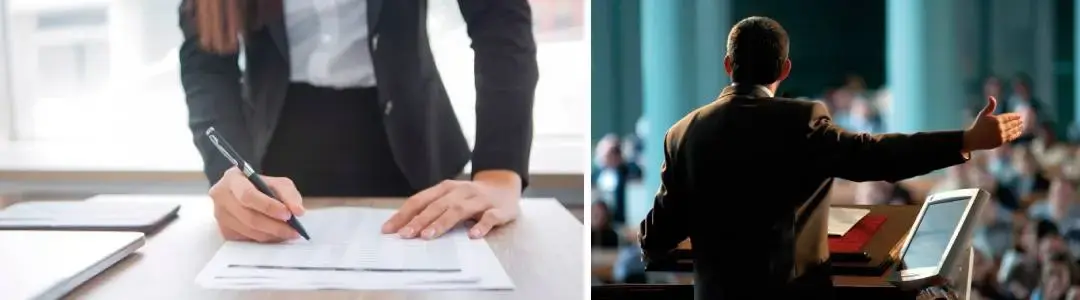 On the right side - Man publicly speaking and a woman planning on the left