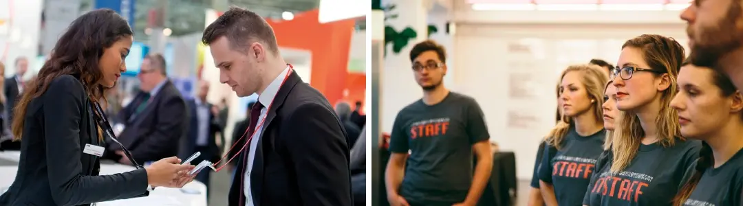 Staff assembly on the right during an event. On the left a man and a woman scanning ID