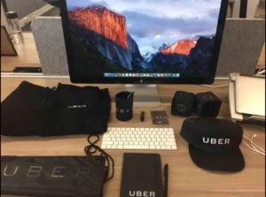 Mixed Uber merchandise on the table