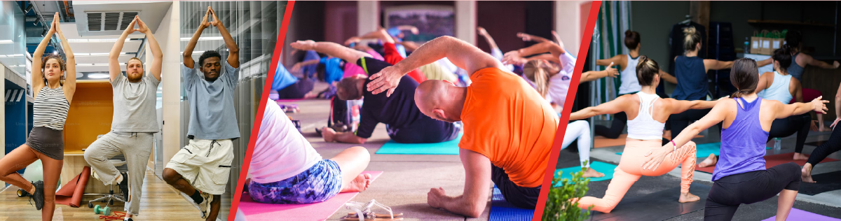 An image showing a diverse group of employees participating in a wellness activity at work, such as a group yoga session, a health workshop, or a team-building exercise outdoors.